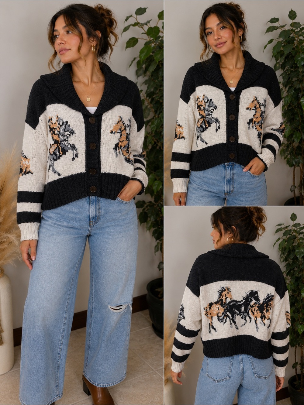 Pilcro Anthropologie Horse Intarsia Shawl Collar Cardigan Sweater XS